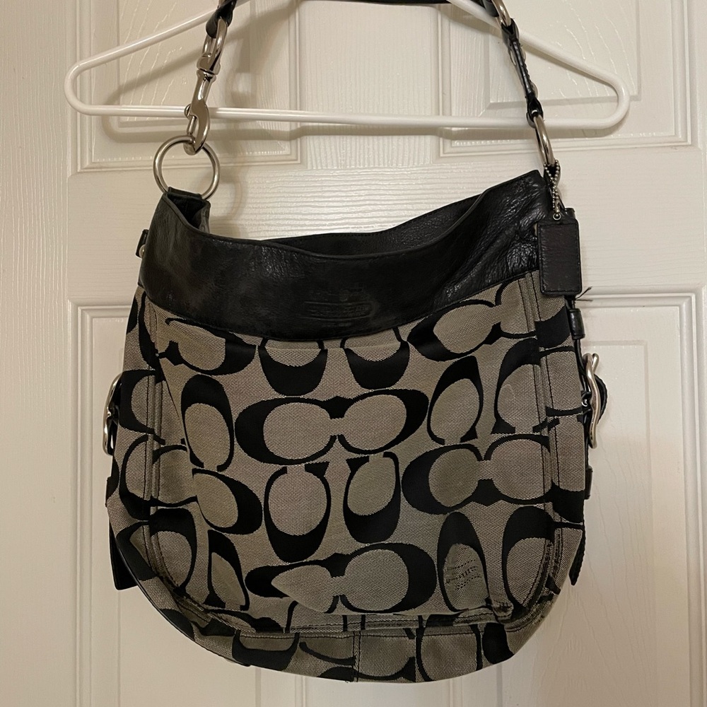 Coach Black/White Signature Logo Hobo Purse